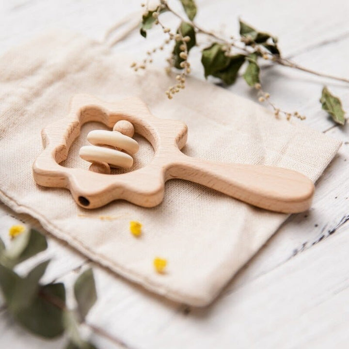 Beech Wood Baby Rattle and Teething Ring